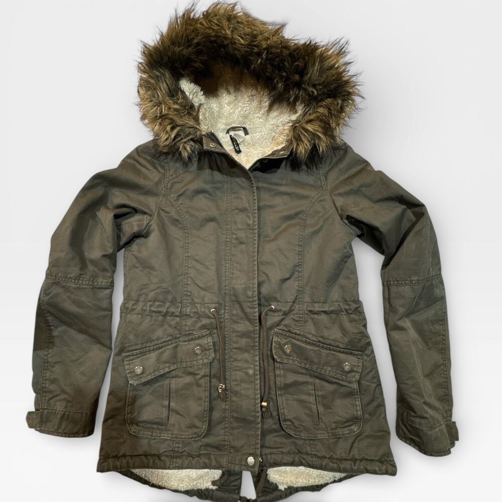 H&M Divided Khaki Green Parka Faux Fur Hood Size 4